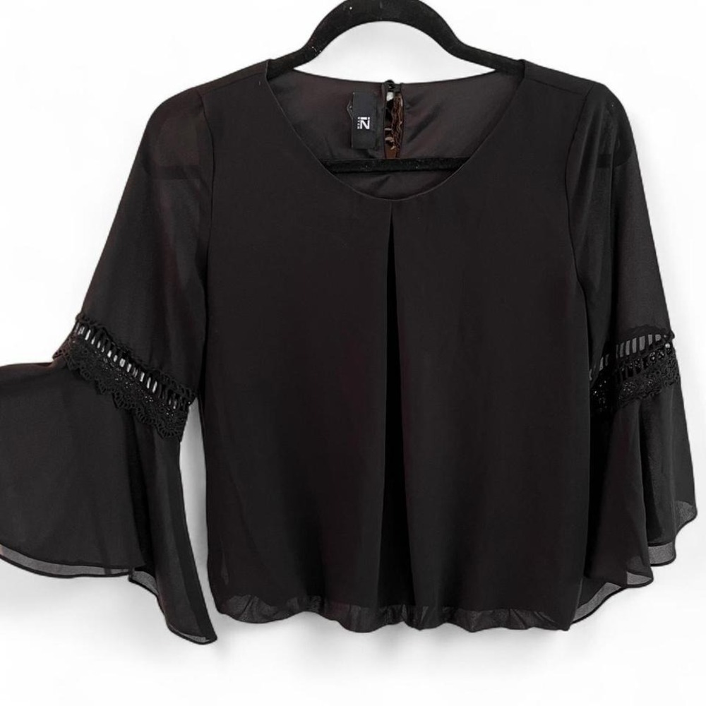 Iz Byer black bell‎ sleeve sheer lace overlay blouse shirt top womens size M